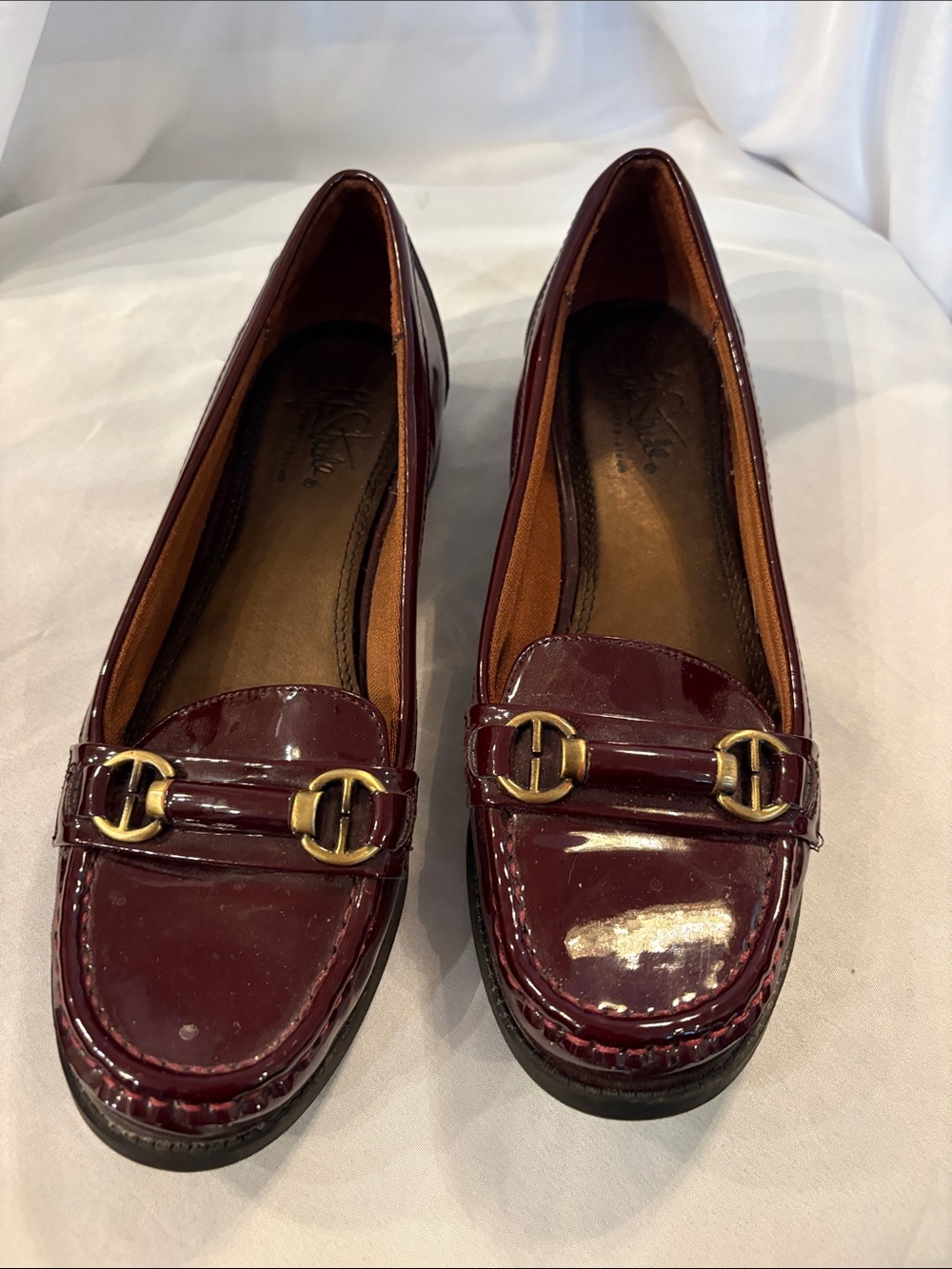 Life Stride Patent Leather Burgundy Women's Loafers with Gold Hardware